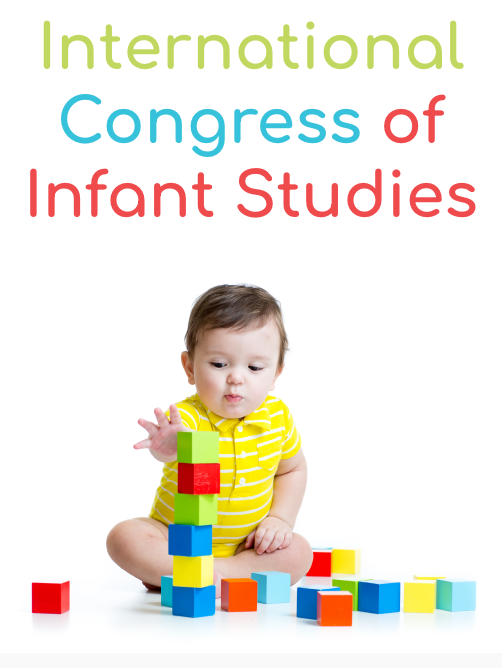 Logo for the International Congress of Infant Studies (ICIS) accompanied by a baby playing with blocks 